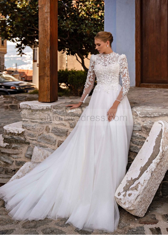 High Neck Beaded Ivory Lace Tulle Fancy Wedding Dress